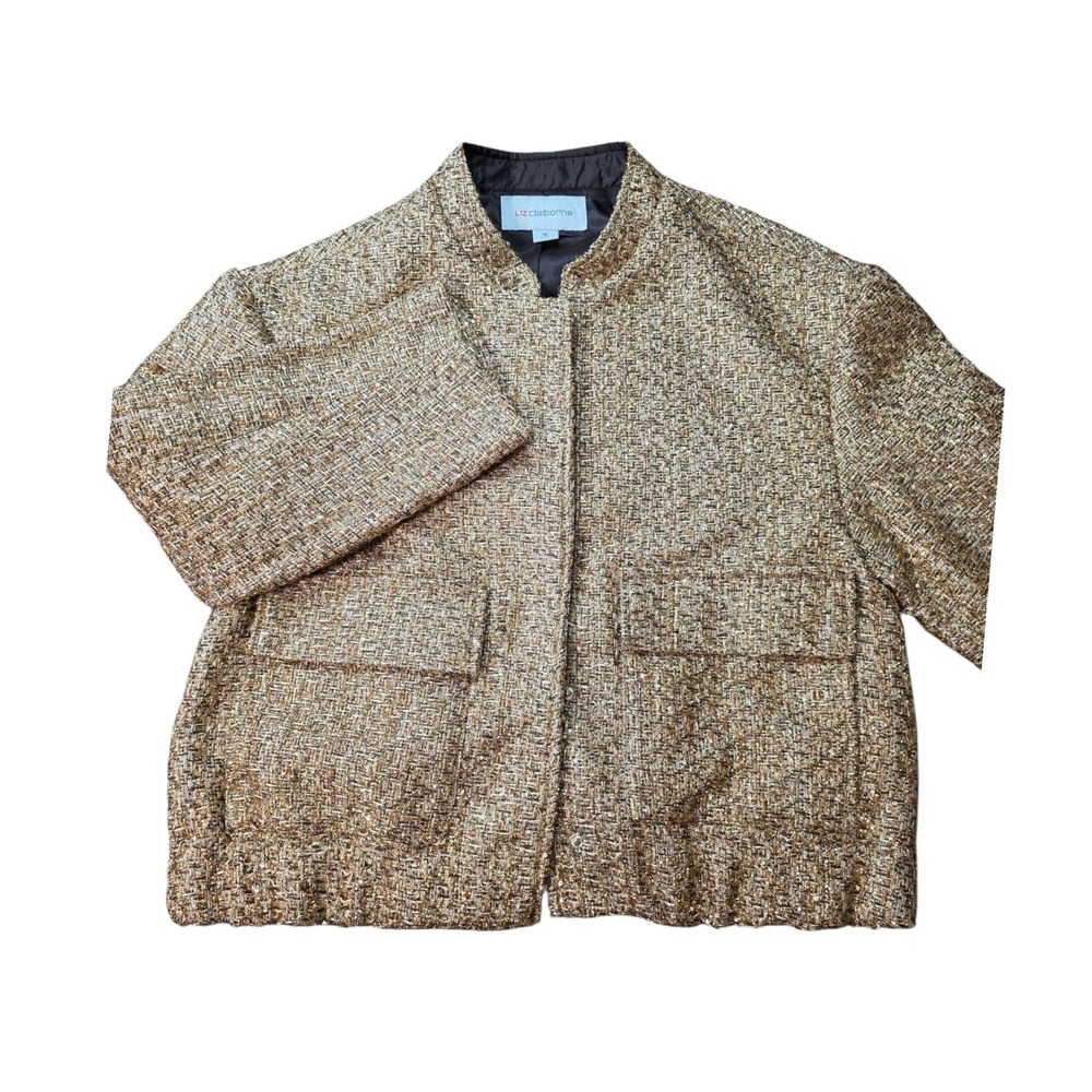 Liz Claiborne Tweed Jacket Open Front Pockets Career Party Neutral Size M